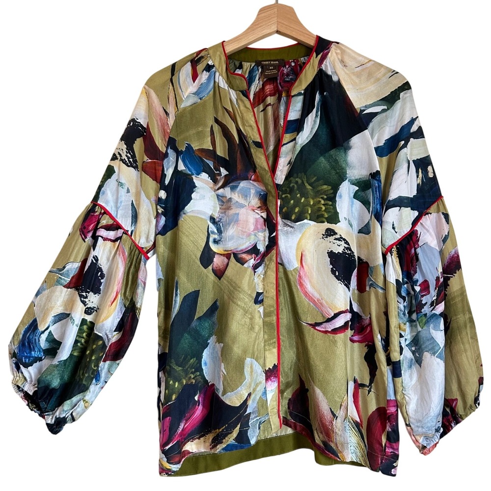 Anthropologie Vineet Bahl Shirt Size XS Silk Floral Balloon Sleeve Boho Cottage